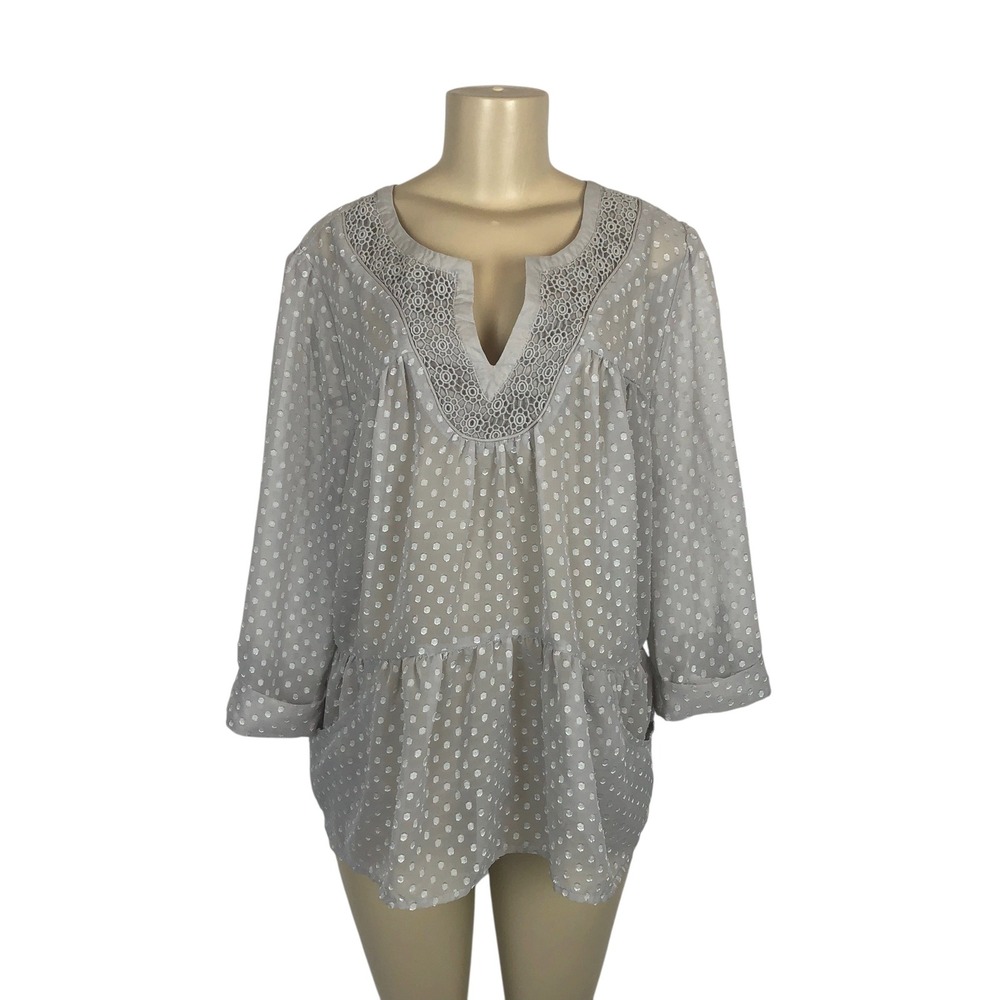 Daniel Rainn Sheer Textured Swiss Dot Lace Trim Tunic Top Blouse XL Office‎ Boho